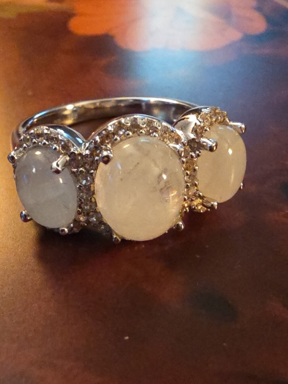 JTV Cabochon Rainbow Moonstone White Zircon Sterling Silver Ring Size 10